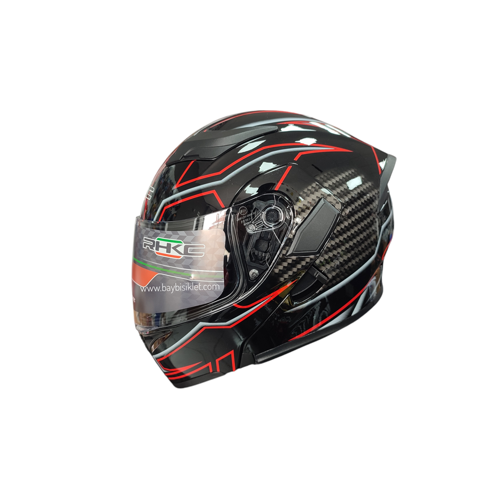 ÇENE AÇILIR VİZÖRLÜ KASK KC SİYAH - KIRMIZI - KARBON